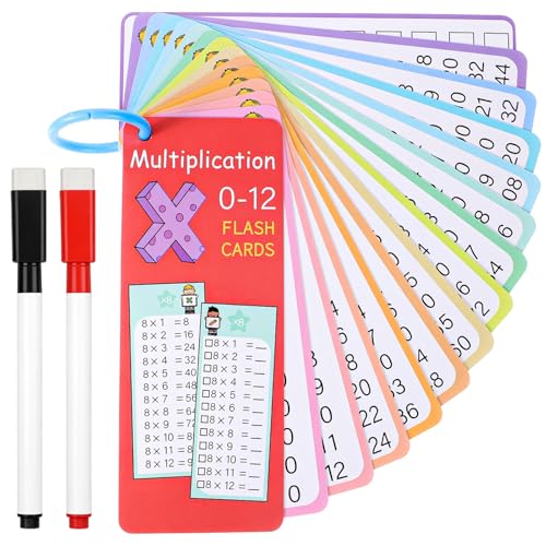 0-12 Multiplication Flash Cards, Times Table Math Flash Card Set, with 15 Multiplication Cards, 2 Dry Erase Markers, 1 Rings, Multiplications Chart Game for Kid, 1st to 3rd Grade Learning