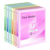 0.5 inch 3-Ring Binder, 1/2 inch Round Ring Binder with 2 Inside Pockets, Clear View Cover Binders Holds 8.5'' x 11''Paper，PVC Free, Pastel Color Binders for Office/Home/School Supply, 6 Pack