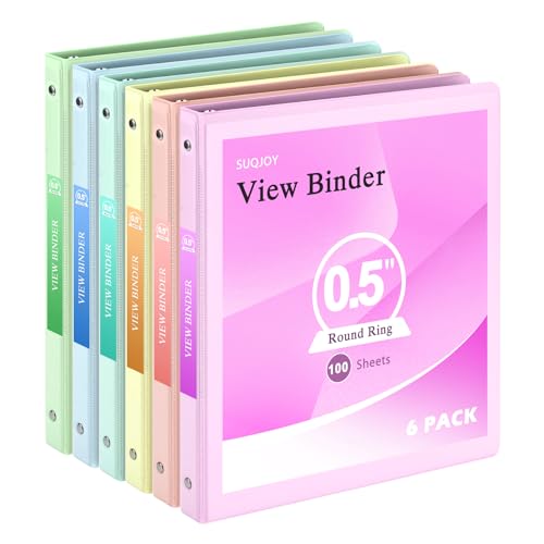 0.5 inch 3-Ring Binder, 1/2 inch Round Ring Binder with 2 Inside Pockets, Clear View Cover Binders Holds 8.5'' x 11''Paper,PVC Free, Pastel Color Binders for Office/Home/School Supply, 6 Pack