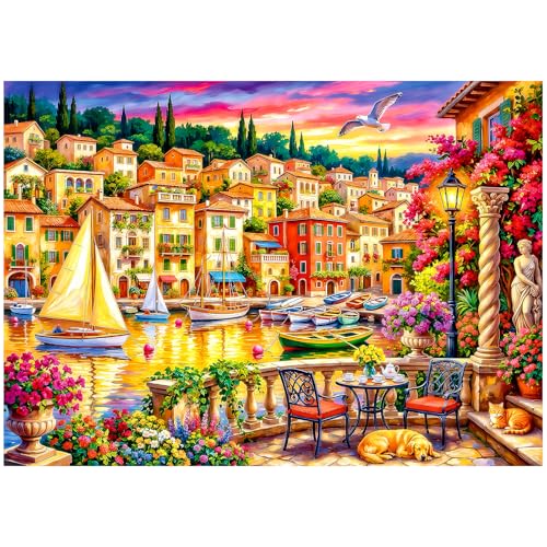 1000 Piece Puzzle for Adults, Seaside Harbor Sunset Jigsaw Puzzles for Adults 1000 Pieces, Fun Challenging Family Landscape Puzzle with Letters on Back, Colorful Harbor Houses Puzzles for Adults