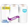1000 Toilet Paper, 12 Rolls, 1,000 Sheets Per Roll, Standard Bath Tissue Rolls for Home, Apartment, Office and Everyday Restroom Use, Long-Lasting Toilet Tissue Pack