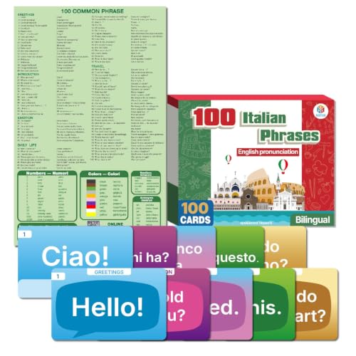 100 Italian English Bilingual Phrases with Online Audio English Prounciation Educational Flash Cards and Chart Learning Resource for Italian Learner or Traveller 100 Cards (Each 4.4" X 2.8")