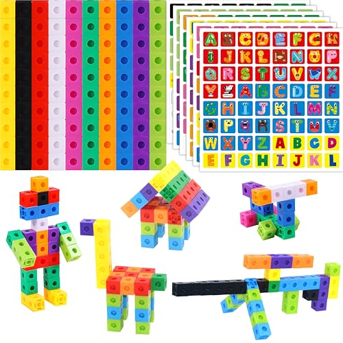 100 Math Linking Cubes, Math Cubes with 384 Reusable Stickers-Letters, Numbers, Shapes, Manipulative Geometric Connecting and Counting Blocks, Educational Toy for Kids Math Learning and Fun Activities