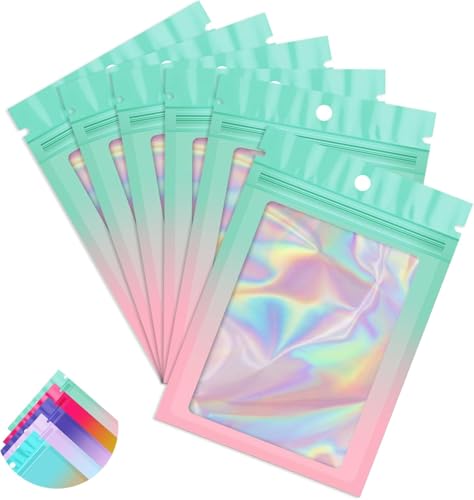 100 Pack Mylar Holographic Bags,Clear Window Foil Bag Seal Pouch Resealable Baggie with Zipper,Packaging Bag for Food Storage,Lash,Jewelry,Business Supplies-Green Pink 4.3x7.5in