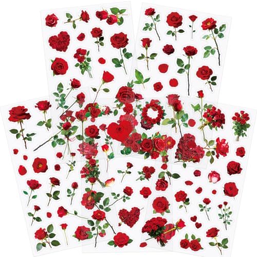 100+Patterns Natural Flower Red Rose Stickers for Scrapbooking,Transparent Flower Stickers Scrapbook Supplies Journaling Supplies for Adult Card Making Letters DIY Water Bottle Cards Decoration