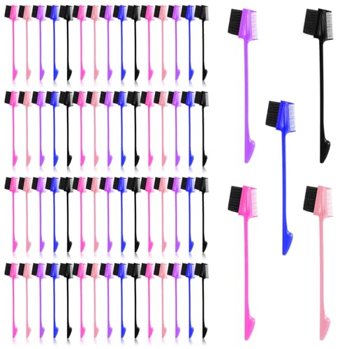100 Pcs 2-in-1 Edge Brush Comb Set, Double Sided Hair Grooming Tool for Baby Hairs, 5 Colors (Black, Pink, Rose Red, Purple, Blue), 6.93 x 1.50 Inches, Lightweight Plastic & Boar Bristle Design