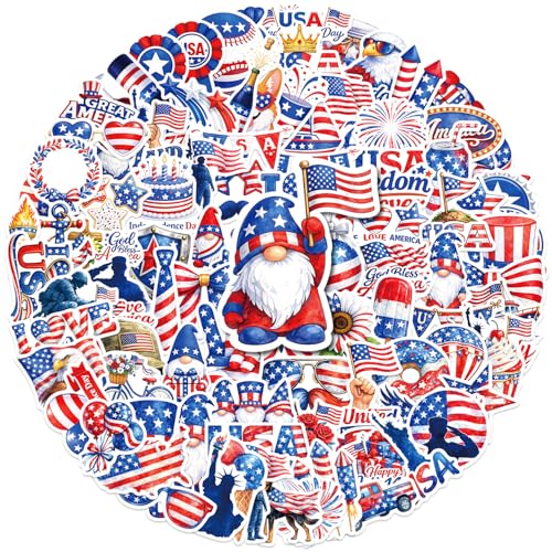 100 Pcs 4th of July Patriotic Stickers-Independence Day Waterproof Vinyl Decals, Holiday Sticker Decorations for Laptop, Water Bottle, Skateboard, Luggage, Helmet, Scrapbook