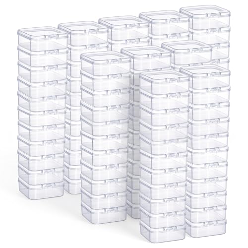 100 Pcs Clear Plastic Beads Storage Containers Box with Hinged Lid, Mini Square Organizer for Small Items, 2.12 x 2.12 x 0.79 Inch Each, Transparent PP Case for Crafts, Beads, and Hardware