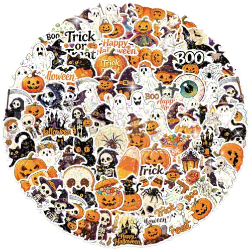 100 PCS Glitter Holographic Halloween Stickers, Waterproof Vinyl Pumpkin Ghost Skeleton Sticker Pack, Halloween Decals for Water Bottles, Laptops, Phones, Skateboards, Party Favors for Halloween