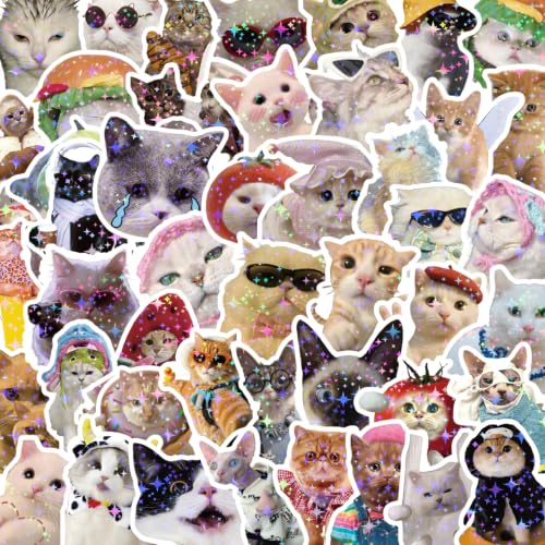 100PCS Holographic Funny Cat Stickers, Cute Meme Kitten Stickers Waterproof Vinyl Decals for Water Bottle, Phone, Laptop, Journal, Scrapbook, Skateboard, Bumper, Gifts for Cat Lover Adult Teens
