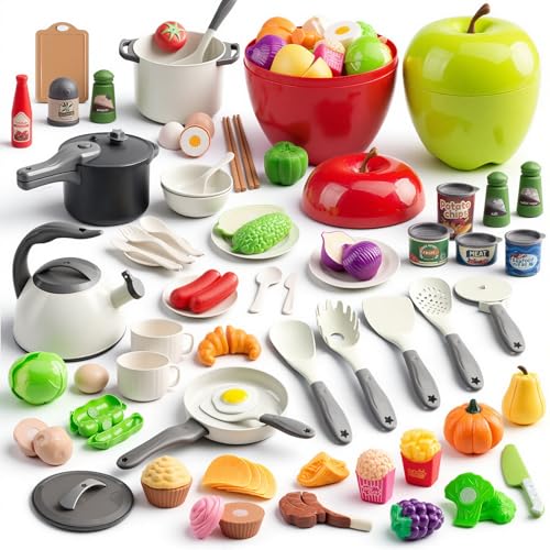 100Pcs Kitchen Playset, Kids Pretend Cooking Play Pots, Pans, Utensils, Cookware, Toy Food Fruits Veggies, with 2 Large Apple - Shaped Storage, Toddler Cooking Learning Gift (White)
