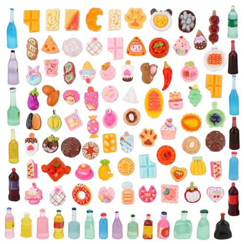 100 Pcs Miniature Provisions Drink Bottles Bread French Fries Ice Cream Pretend Play Drink Set,Resin Kitchen Party Accessories Mini Soda Pop Cola Cans for Tiny House Mini Figures Favor Decorations