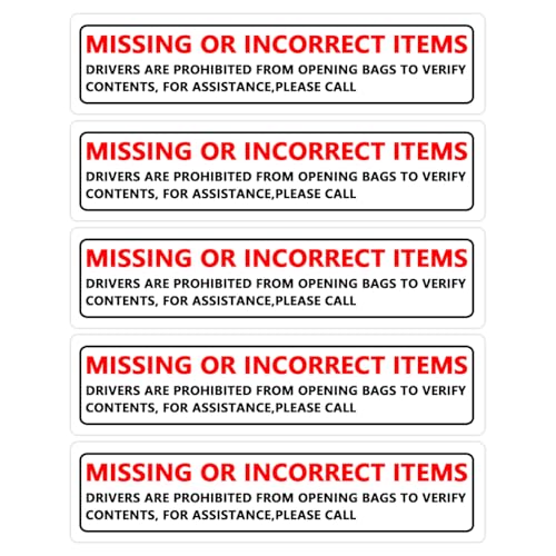 100Pcs Missing Items Stickers, 3x1 Inch Adhesive Bag Labels for Customers Inventory Management, Food Delivery Driver, Warehouse Organization, and Shipping Notifications