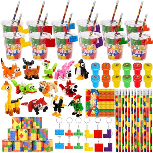 102 Pcs Building Blocks Party Favors Birthday Goodie Bags Return Gifts for Birthday with Cups Pencils Keychains Animals Building Blocks Slap Bracelets Stamps and Cards Gamer Birthday Party Supplies