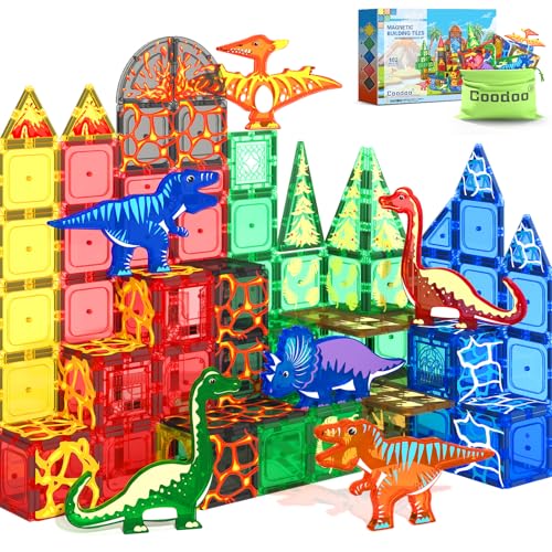 102PCS Dinosaur Toys Magnetic Tiles with 8 Dinosaurs - Jurassic Scenes Dinosaur World Adventure Set, Magnetic Blocks Kids Toys for Boys & Girls Ages 3+, Sensory Toddler Creative Kids Games Gifts