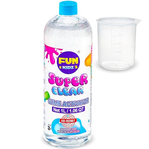 1.06QT Super Clear Slime Activator 34OZ Solution with Plastic Measuring Cup, FunKidz 1L Fine Formulation Work with All Types Slime Glue Washable Non-Toxic Kids Friendly Ingredients