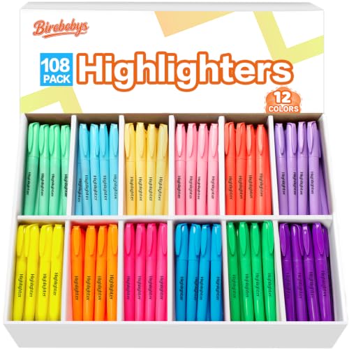 108 Pack Highlighters, 12 Assorted Colors Chisel Tip Highlighter Bulk