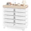 10 Drawers Rolling Cart with Wooden Tabletop, Utility Storage Cart with Wheels, Art Supply Craft Organizer on Wheel with Metal Frame & Handles for Home Office School (White)