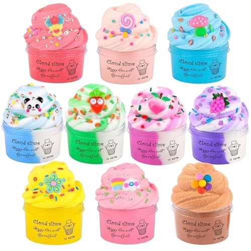 10 Pack Cloud Slime Kit with Blue Cake Fruits Animals, and Pink Games Charms, Scented Butter Slime Supplies for Girls and Boys, Stress Relief Toy for Kids, Education Birthday Party Favor