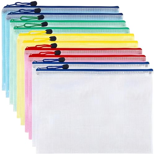10 Pack Mesh Document Pouches, 13.4 x 9.4 in File Organizer Bags, Nylon Zipper Storage Folders, Multi Color Office Organization Supply for A4 Documents, Bills, Receipts, Academic Papers
