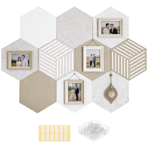10 PCS 12 in Hexagon Cork Board Tiles, Self Adhesive Frameless Felt Bulletin Boards for Home Office Wall Decor, Large Hex Cork Wall Panels, Vision Board Pinboard with Push Pins for Notes and Photos