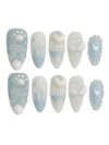 10pcs Blue Bow Cat Claw Handmade Press On Nails Pearl Dotted Long Almond False Nail Manicure Kit(Small)