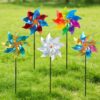 10 Pcs Multicolor Reflective Plastic Pinwheels, 9.4 in Diameter, 15.7 in Pole, for Garden Decoration, Celebration Favors, Outdoor Yard Decor, Bird Deterrent, Fun, Easy Assembly