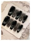 10pcs Starry Sky Cat Eye Design Handmade Nail Tips Black Reusable & Removable Press On Nails Manicure Kit(XS-Y1)