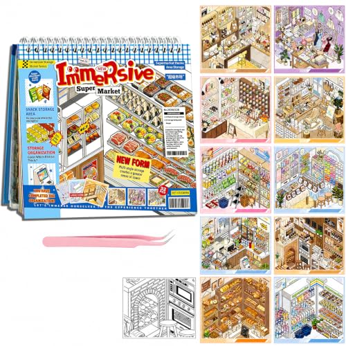 10 Set Themed Stores DIY 3D Stickers Scene Book, Restocking Game with Shelves, Supermarket Coffee Clothing Craft Shop Cute Cartoon Scene Stickers for Adult Kids Relief Stress Pass The Time