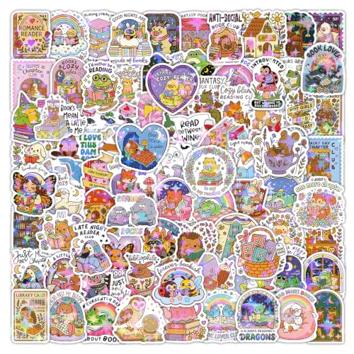 110PCS Holographic Cozy Bookish Stickers, Cute Romance Book Stickers for Book Lovers, Waterproof Vinyl Decals for Laptop, Water Bottle, Booktok, Phone, Journal, Luggage, No Repeats