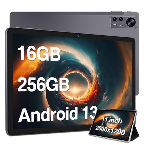 11 inch Tablet 16GB+256GB+1TB Expand, Android 13 Tablets PC with Octa-Core CPU, 2K 2000 x 1200 Display, 13MP Triple Camera, 8600mAh, Quad Speakers, 5G/2.4G WiFi,GPS,Bluetooth 5.0, with Case (Gray)
