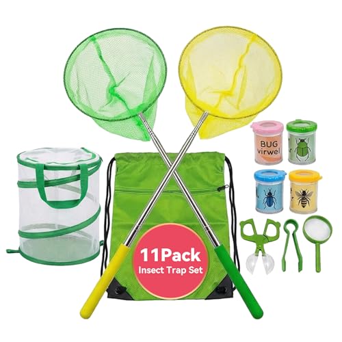 11Pack Bug Catcher for Kids, Bug Catching Kit with Extendable Bug Net, Butterfly Net, Collection Boxes, Butterfly Cage, Backpack, Outdoor Explorer Adventure Set for Boys Girls Ages 4-12