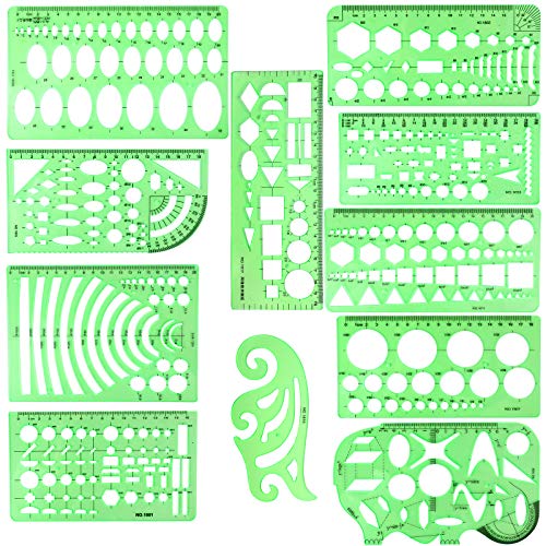 11PCS Geometric Drawings Templates, Drafting Stencils Measuring Tools, Engineering Design Ruler Set with French Curve, Circle and Ellipse Template, Suitable for School, Office and Art Creation(Green)