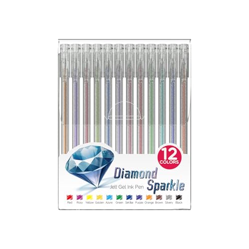 12-Color Diamond Sparkle Glitter Gel Pens Set - Smooth Writing Metallic Gel Ink Pens for Adult Coloring Books, Scrapbooking, DIY Crafts, Card Making & Journaling - Quick-Dry, Vibrant Colors