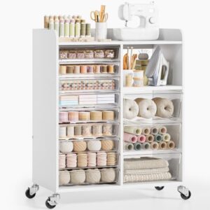 12-Drawer Storage Cabinet with Wooden Top, Storage Furniture System with PET Clear Drawers, Open Shelf & Lockable Wheels, for Craft Room, Makeup Vanity, Kids & Home Organization (White)