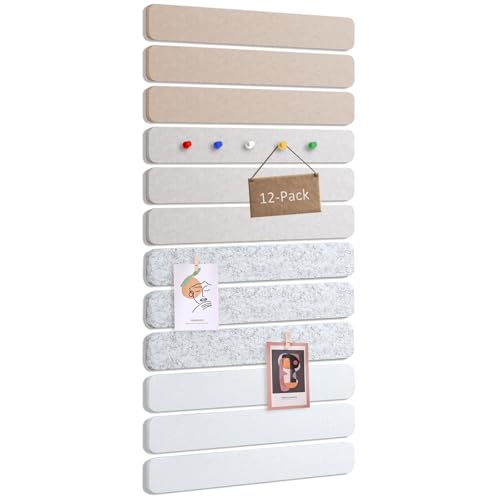 12-Pack Cork Board Alternative Felt Strip Board 13"x2", 30 Push Pins, Adhesive Install for Walls, for Paste Notes, Photos, Office Home Classroom (Dark Camel, Light Camel, Silver Gray, Snow White)