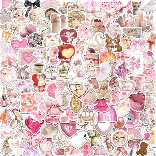 120Pcs Coquette Stickers Pink Aesthetic Girly Stickers for Girls Water Bottles Laptop Computer Phone Stuff, Coquette Birthday Decor (Glossy)