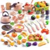 120Pcs Mini Play Kitchen Accessories, Kids Pretend Cooking Playset with Desserts, Cuttable Veggies & BBQ & Storage Basket, Educational Role-Play Gift for Toddlers, Child, Pink