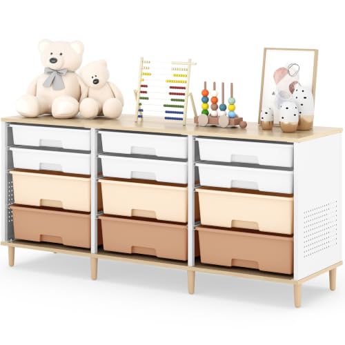 12 Drawers Storage Cabinet with Wooden Top and Plastic Bins, Toy Storage Organizer Toy Shelf Storage Chest Cubby Organizer for Home, Office, Playroom, Classroom & Craft Room Storage(Warm Apricot)