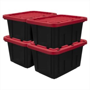 12 Gallon Small Storage Bin with Snap Lid, Black and Red, Pack of 4