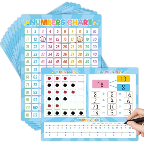 12 Pack 1-120 Number Chart Dry Erase Flash Card 9x12 in Number Bond Ten Frame Double-Sided Math Manipulatives Whiteboard for Kids Student Kindergarten Classroom Homeschool Teacher Supplies (Colorful)