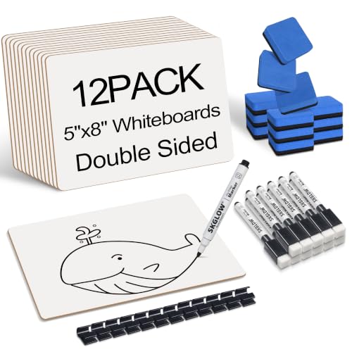 12 Pack 5"x8" Portable Mini White Board for Students,Personal Small Whiteboard,Lightweight Double Sided Dry Erase Board for Students Classroom,Individual Lapboards for Teaching with Erasers and Marker