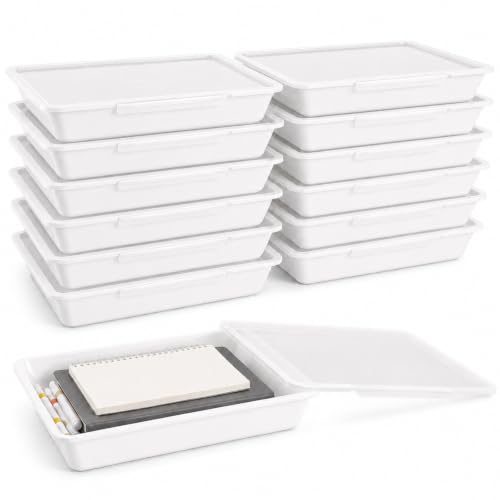 12 Pack Flat Storage Paper Tray with Clear Latching Lid Letter Size Organizer Bin Tray Plastic Latching File Organizer for Classroom Library School Office Teacher Desktop Book Organization (White)
