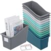 12 Pack Large Book Bins, Durable Magazine Organizer File Holder Quality Plastic Book Storage Bins with Labels for Classroom Library, Office, Desktop Organization,Bookshelf Categorization(Modern color)