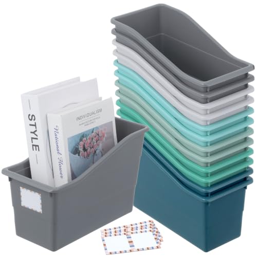 12 Pack Large Book Bins, Durable Magazine Organizer File Holder Quality Plastic Book Storage Bins with Labels for Classroom Library, Office, Desktop Organization,Bookshelf Categorization(Modern color)