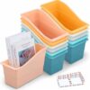 12 Pack Large Book Bins for Classroom Quality Plastic Book Storage Bins with Labels Durable Magazine Organizer File Holders for Home Classroom Library Office Desktop Bookshelf Organization(Morandi)
