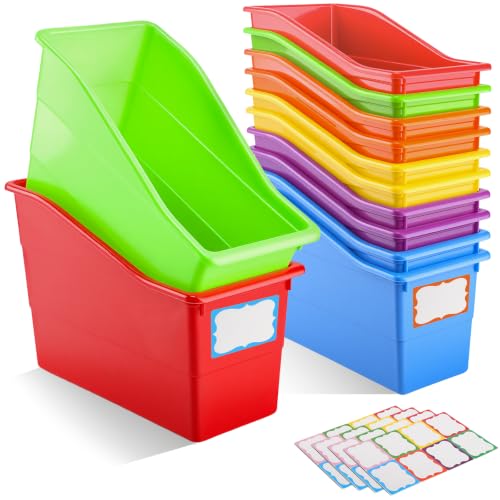 12 Pack Overlapping Classroom Storage Bins (6 Color Schemes) - Durable Magazine Organizer with 32 Stickers, Classroom Organization Container Supplies for Classroom Library Home