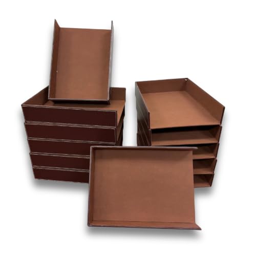12 Pack Premium Stackable 15" Brown Faux Leather Document Trays with Stitched Trim – Office Paper Trays for Home Office, Desk Organization, Mail Sorting, Files & Reception Areas - Bulk Set