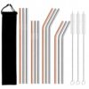 12 Pack Stainless Steel Straws, 8 Silver 4 Rose Gold Reusable Drinking Straws, 6 Straight 6 Bent (8.5" & 10.5") for 20-30 oz Tumblers, 3 Cleaning Brushes, Velvet Pouch, Dishwasher Safe