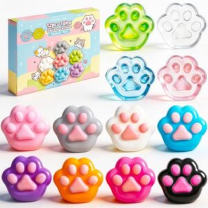 12 Pack Taba Cat Paw Squishy Squeeze Toy, Multicolor Anxiety Relief Fidget.
